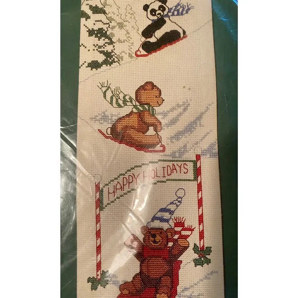 Vintage 1986 Traditions Cross Stitch Kit Racing Bears Holiday Bellpull Sealed